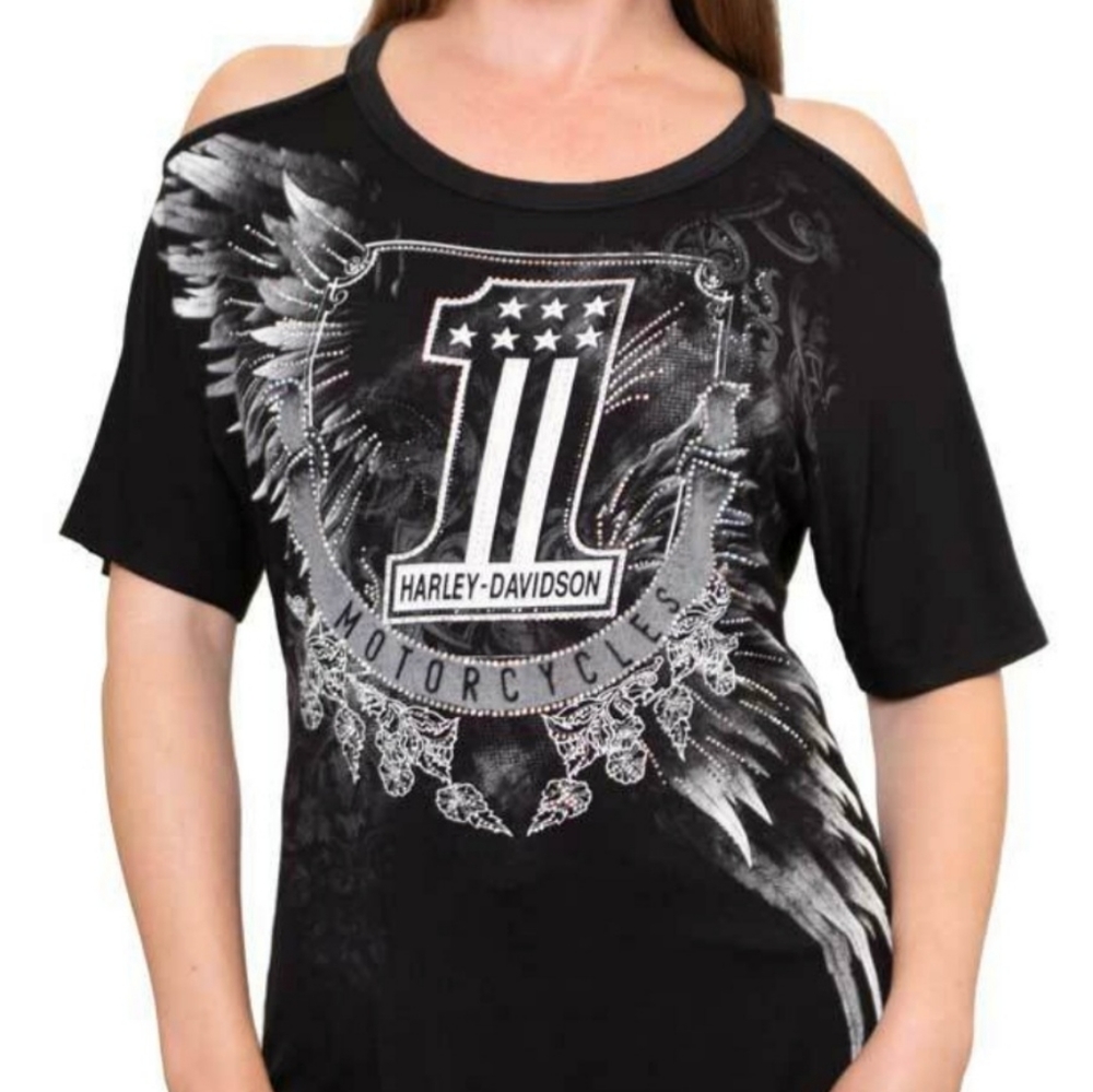 NWT Harley-Davidson Black XL Cold-Shoulder Embellished #1 design SS Tee